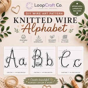 May include: A digital DIY wire art pattern for a knitted wire alphabet, featuring printable A4 instructions for uppercase and lowercase letters. The guide includes visual diagrams with numbered steps and arrows for bending wire into letters A, B, and C.