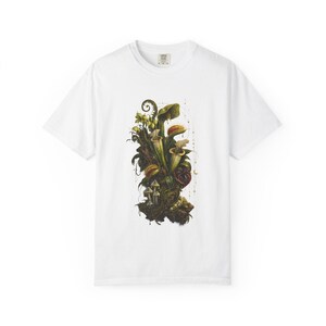 Botanische illustratie van een vleesetende plant op een T-shirt | Venusvliegenval-kunst