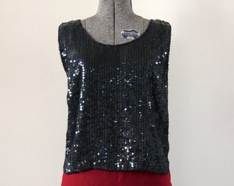 1980s Shimmer New York Boxy Black Silk Sequined Tank Sleeveless Shirt Size Small