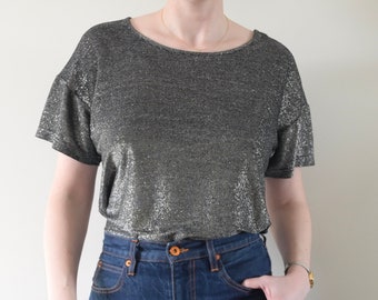 1980s Tweeds Boxy Black Silver Metallic Short Sleeve Shirt Size Medium