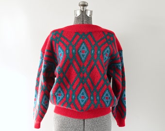 Moss by Drifa Ltd Bright Red Teal Diamond Pattern Wool Sweater Size S | Made in Iceland