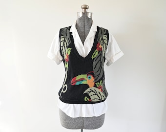 1980s Herman Geist Hand Embroidered Tropical Toucan Sweater Vest Size Small | Made in Hong Kong