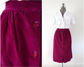 1970s-80s LL Bean Button Front Cranberry Wide Wale Corduroy Skirt w/ Pockets Size 16 31.5 W | Made in USA