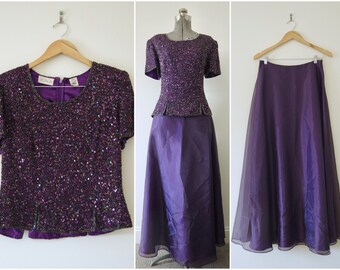 1980s SCALA Purple Skirt and Shirt Set Size Large | Beaded/Sequin Top, Layered Skirt, Padded Shoulders