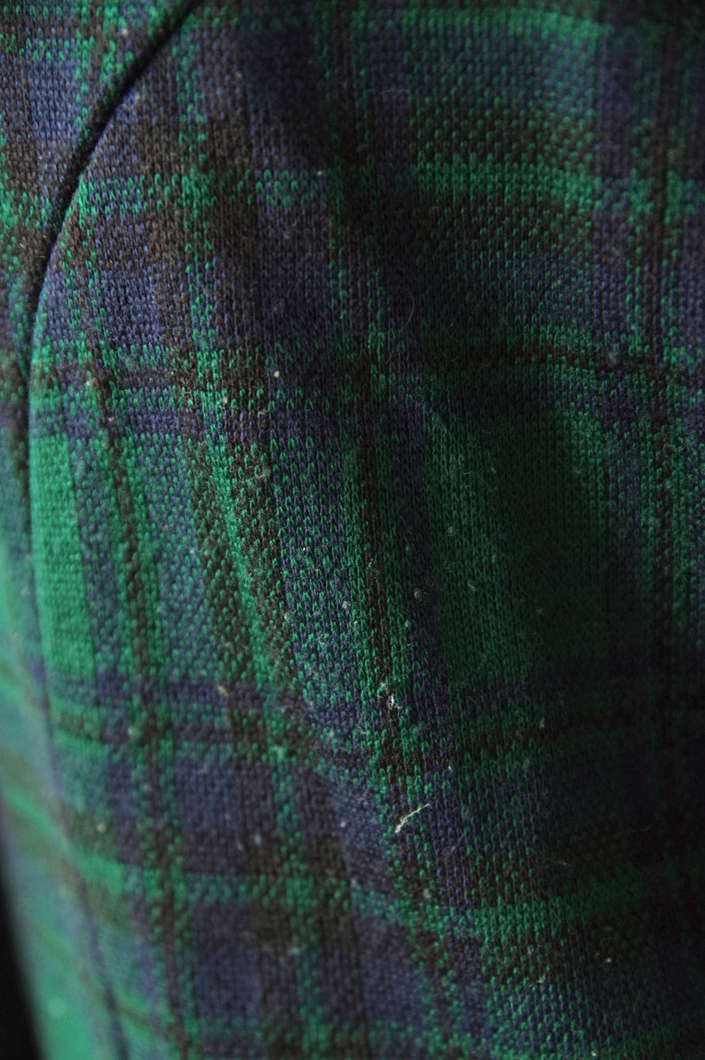1990s Miss Dorhy Green Blue Plaid Knit Jacket Blazer Padded Shoulders
