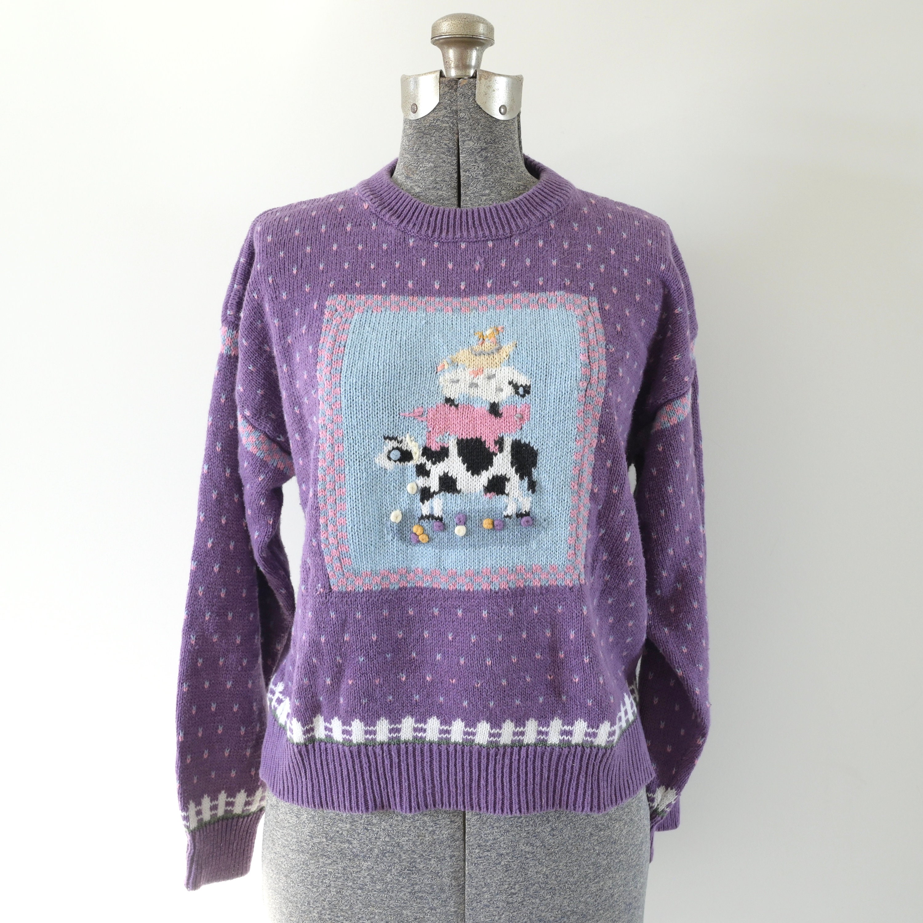 1980s-90s Northern Isles Petites Purple Cotton Ramie Blend Sweater w/ Barnyard Animal Embroidery PM | Hand Embroidered Novelty Sweater