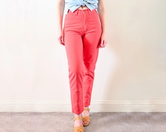 1980s-90s Guess by Georges Marciano Hot Coral Pink High Waisted Triangle Patch Jeans Size 29 | Made in USA | Style 43050A Cut 22585