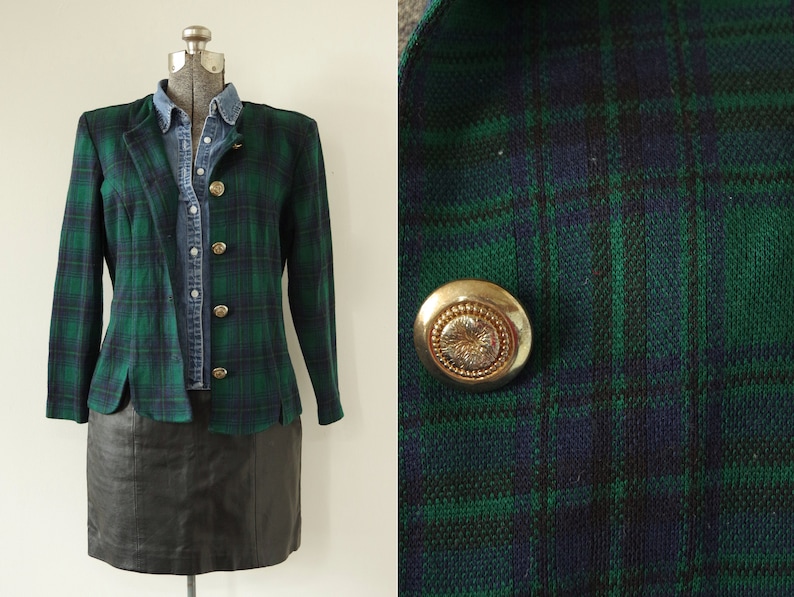 1990s Miss Dorhy Green Blue Plaid Knit Jacket Blazer Padded Shoulders
