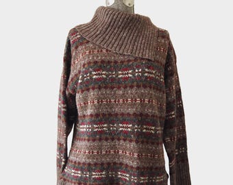 Vintage French Connection Brown Wool Blend Split Turtleneck Sweater Size L | Made in Hong Kong