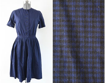 1960s Lanz Original Blue Black Plaid Fit and Flare Short Sleeve Dress