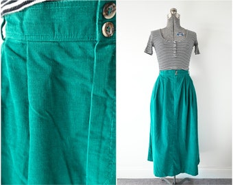 1980s LL Bean Pleated Front Peacock Green Fine Wale Corduroy Skirt w/ Pockets Size 16 31.5 W | Made in USA