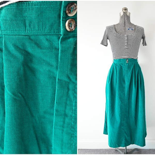 1980s LL Bean Pleated Front Peacock Green Fine Wale Corduroy Skirt w/ Pockets Size 16 31.5 W | Made in USA