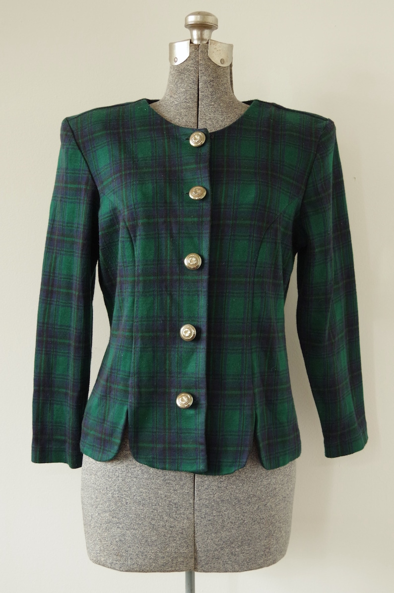 1990s Miss Dorhy Green Blue Plaid Knit Jacket Blazer Padded Shoulders