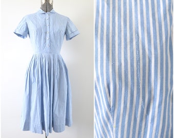 1950s Tailored by Nan Buntly New York Blue White Striped Fit and Flare Dress w/ Cuffed Sleeves