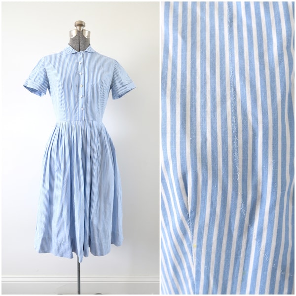 1950s Tailored by Nan Buntly New York Blue White Striped Fit and Flare Dress w/ Cuffed Sleeves