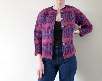Original Iceland from Jersey Modeller of Sweden Blue Red Cardigan with Silver Viking Ship Buttons Size 12 | 100% Scandinavian Lambs Wool