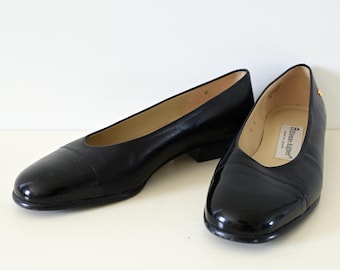 1990s Etienne Aigner Black Leather Cap Toe Ballet Flats Size 6 M | Made in Spain