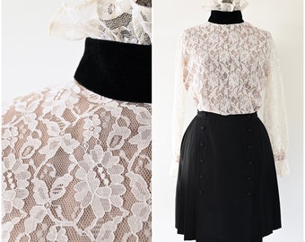 1970s-80s Miss H. Ivory Lace Semi-Sheer High Collar Blouse Size 8 | Black Velvet Collar