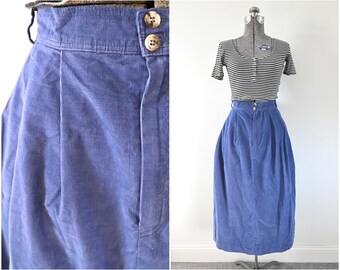 1980s LL Bean Pleated Front Periwinkle Blue Fine Wale Corduroy Skirt w/ Pockets Size 16 31.5 W | Made in USA