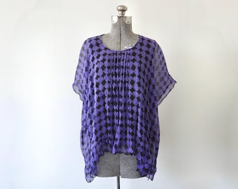 2000s Anna Sui Purple Black Checked Flowy Silk Top Size M | Made in USA