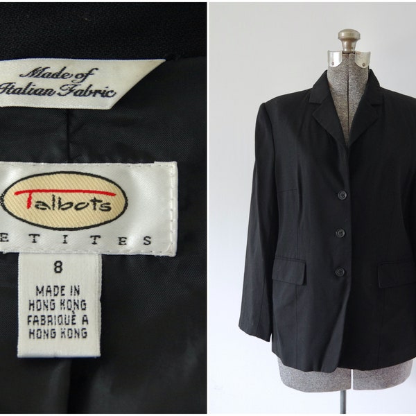 1990s Talbots Petites Black Italian Wool 3 Button Blazer Size 8 | Made in Hong Kong