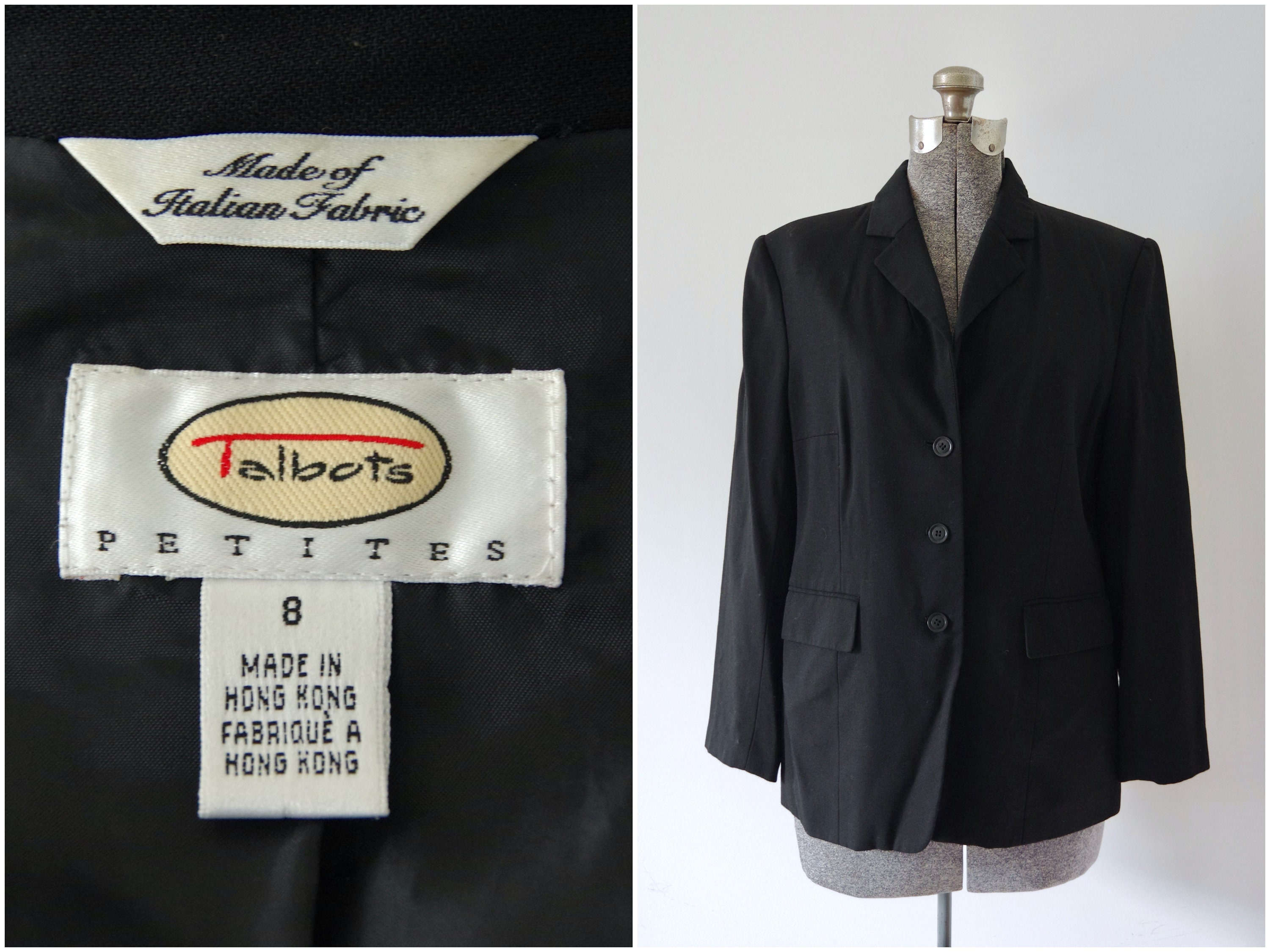 1990s Talbots Petites Black Italian Wool 3 Button Blazer Size 8