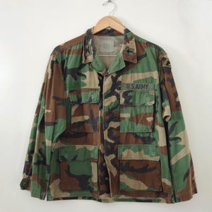 1986 Selma Apparel Corp Hot Weather Combat Coat Woodland Camouflage Size Medium XX-Short | U.S. Army, Chaplain Patch
