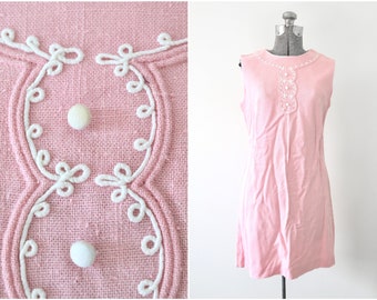 1960s Pale Pink Mod Mini Dress Sleeveless w/ Decorative Buttons and Piping | See Description for Size