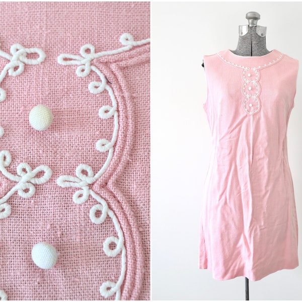 1960s Pale Pink Mod Mini Dress Sleeveless w/ Decorative Buttons and Piping | See Description for Size