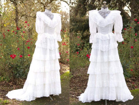 1970s High Collar Wedding Dress with Pindot Detai… - image 1