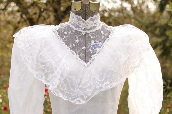 1970s High Collar Wedding Dress with Pindot Detai… - image 7