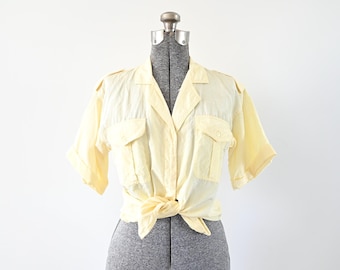 1990s Royal Silk Butter Yellow Short Sleeve Silk Blend Utility Shirt Size 8 | Made in Hong Kong