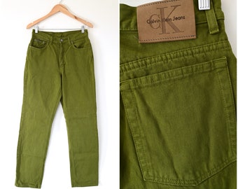 1990s Calvin Klein Classic 5 Pocket Green Dye Straight Leg High Waisted Jeans Size 10 | Made in USA