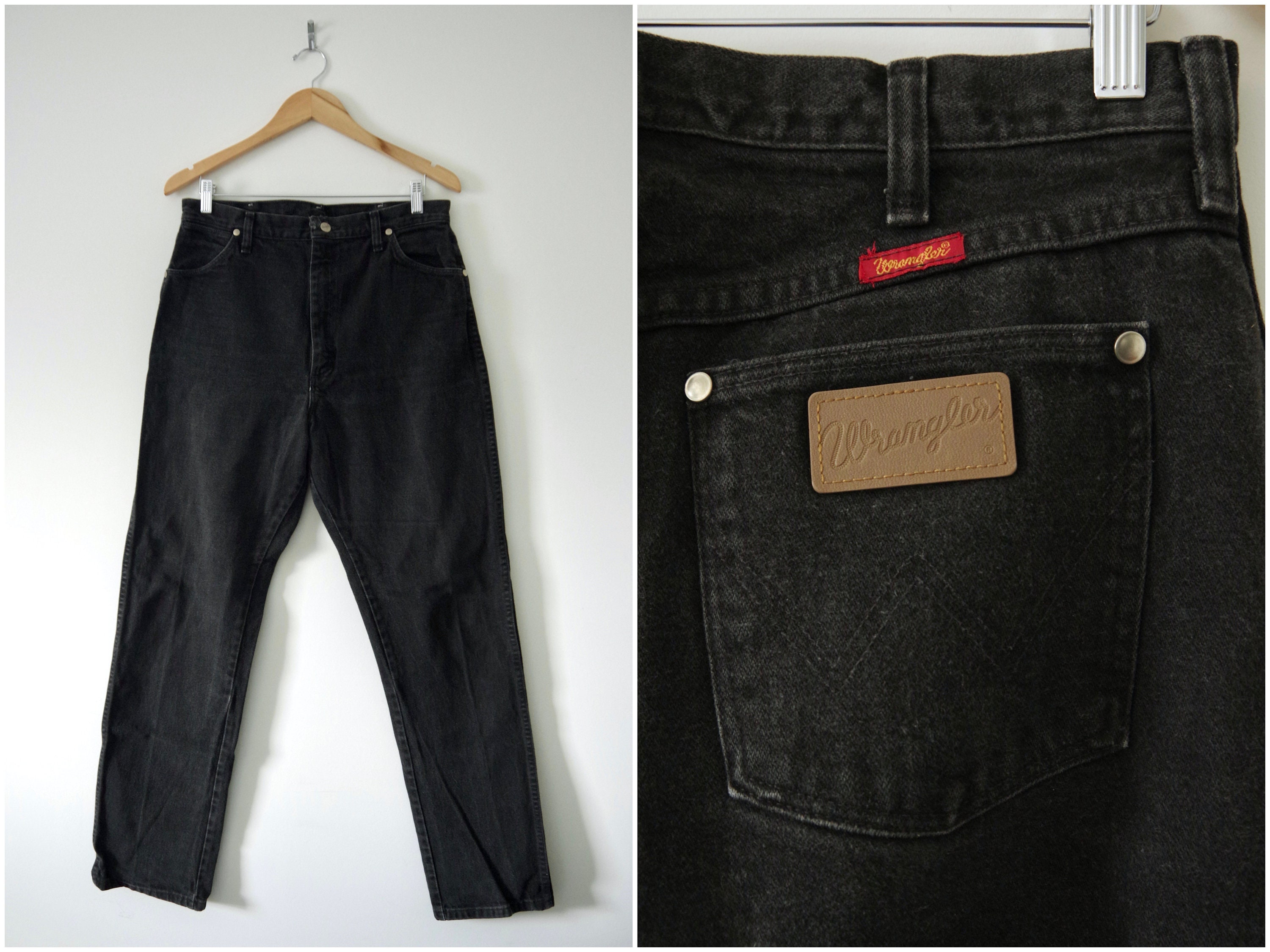 Vintage Wrangler negro pierna recta jeans tamano 15 x 34 hecho en EE.UU. Etsy Espana
