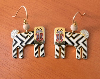 1980s Laurel Burch "Zzzebra" Tribal Black and White Enamel and Gold Tone Earrings