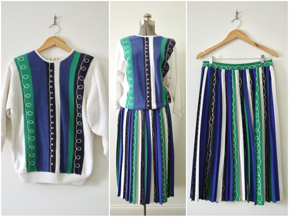 1980s Andrea Gayle 2 Piece Blue Green White Strip… - image 1