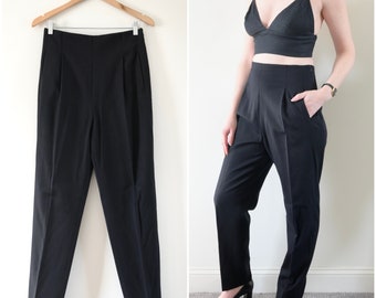 1990s Harvé Benard Black Wool Pleated Front High Waist Trousers Size 8