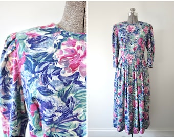 1980s Lanz Originals Floral 3/4 Sleeve Button Back Dress w/ Shoulder Pads Size 10 | Made in USA