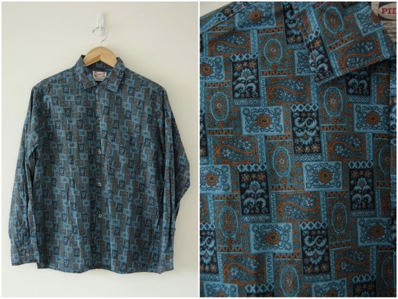 1950s-60s Pilgrim Sears, Roebuck and Co Blue Brown Floral Paisley 
