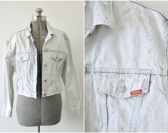 1980s Jordache Bleached Embroidered Beaded Denim Jacket Size Medium | Made in Hong Kong