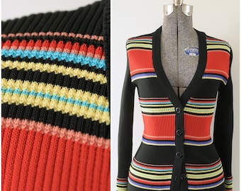 1970s Giamo Knits Colorful Striped Fitted Cardigan Size 9/10