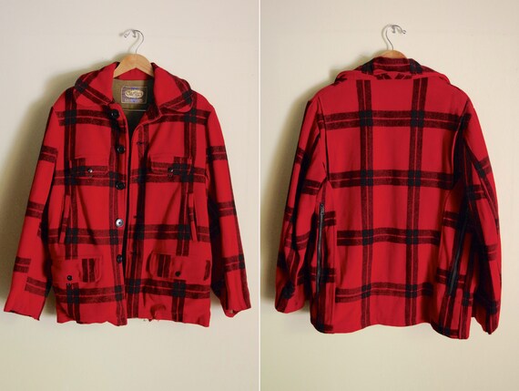 red and black plaid wool jacket