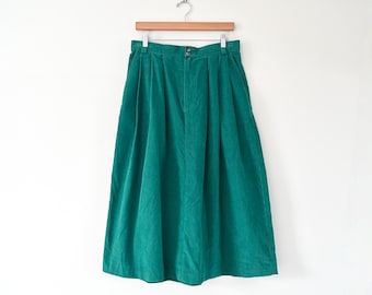 Jaren 80 LL Bean geplooide voorkant Peacock Green Fine Wale corduroy rok met zakken maat 16 31,5" taille | Gemaakt in de VS
