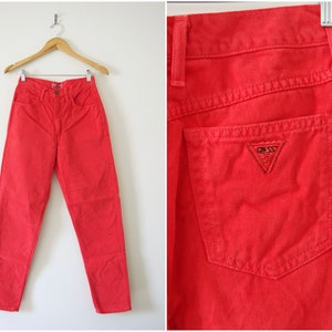 1980s-90s Guess by Georges Marciano Hot Coral Pink High Waisted Triangle Patch Mom Jeans Size 29 | Made in USA | Style 43050A Cut 22585