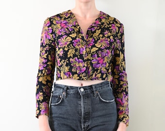 1990s Moda Int'l Black Gold Purple Floral Cropped Button Down Blouse Size 4 | Made in the USA