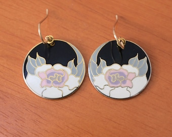 1990s Laurel Burch "Garden Rose" Black White Pink Green Enamel and Gold Tone Floral Earrings