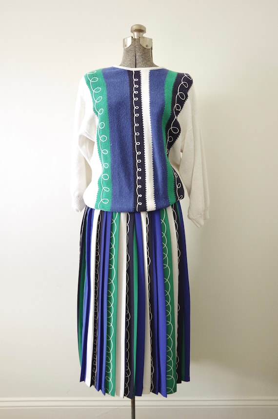 1980s Andrea Gayle 2 Piece Blue Green White Strip… - image 2