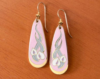 1990s Laurel Burch "Wild Anthurium" Pink Enamel and Gold Tone Floral Earrings