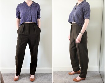 1990s Jones New York Brown Worsted Wool Pleated Front High Waist Pants Size 10 | Made in USA