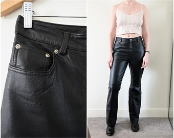 1990s Newport News Easy Style Black Leather Bootcut High Waisted Pants Size 8T